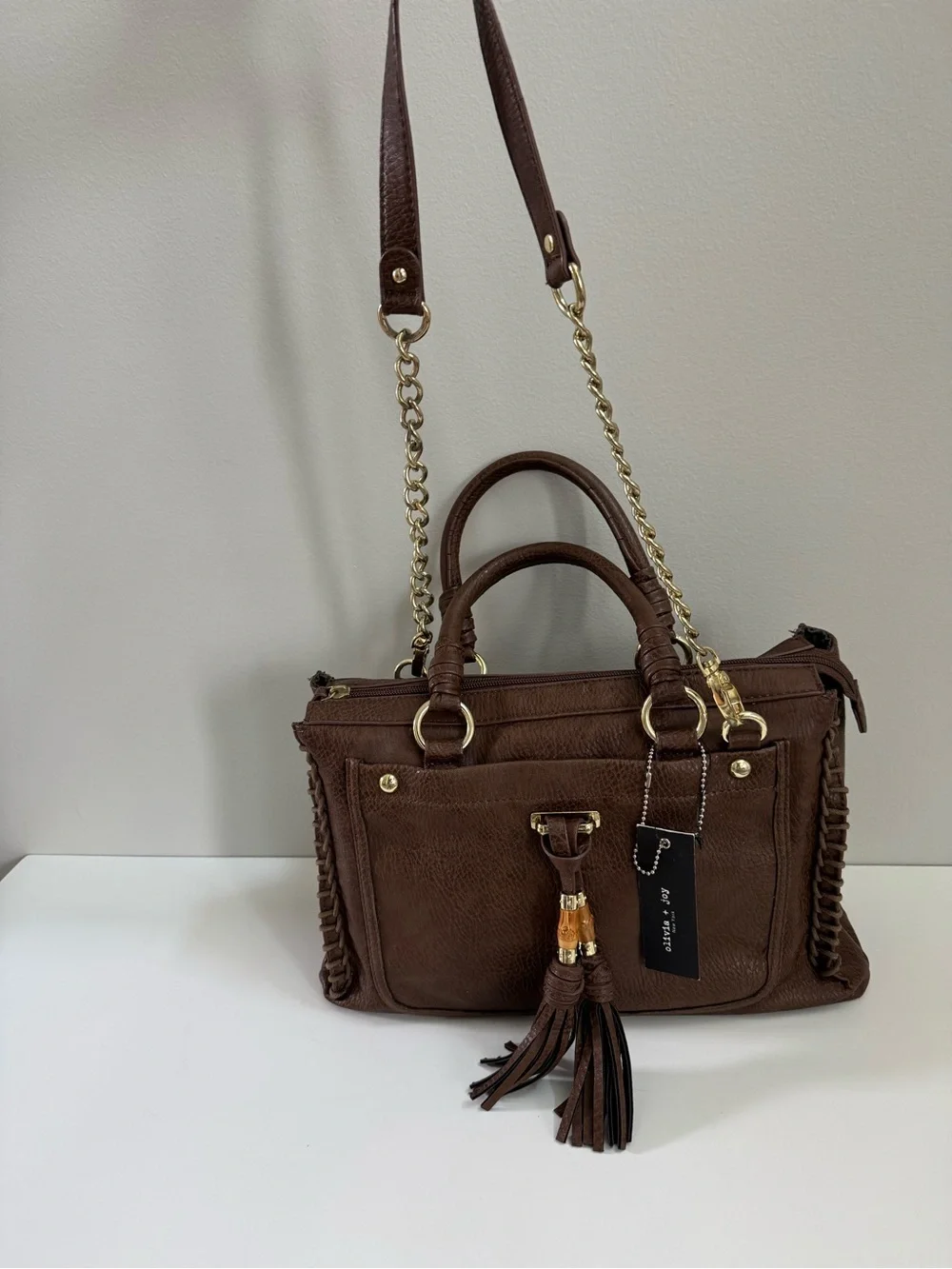 Olivia + Joy Stitched Brown Shoulder Bag with Detachable Gold Chain Strap